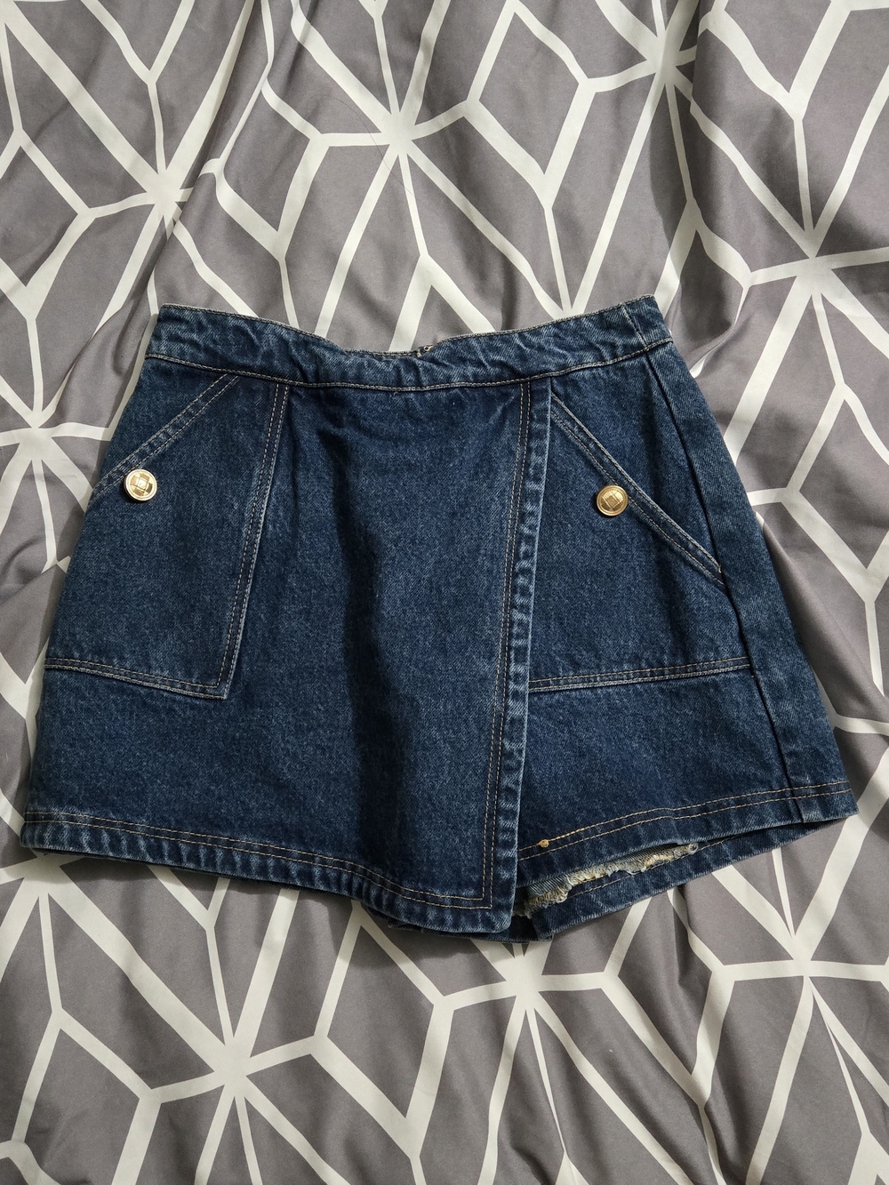 Classic Dark Blue Denim Skort with Gold Button Detail